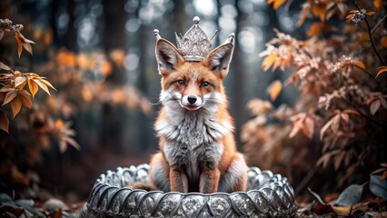Naklejka premium A Red Fox Wearing a Crown in an Autumnal Forest