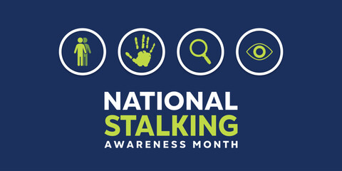 National Stalking Awareness Month. People, hand, magnifying glass and eye. Great for cards, banners, posters, social media and more. Dark blue background. © juandy