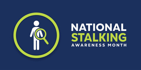 National Stalking Awareness Month. People and magnifying glass. Great for cards, banners, posters, social media and more. Dark blue background.