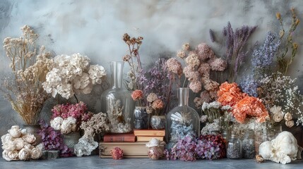 A beautiful arrangement of dried flowers and vintage books in glass jars, creating a serene and artistic display.