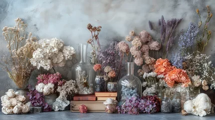 Papier peint photo A beautiful arrangement of dried flowers and vintage books in glass jars, creating a serene and artistic display.