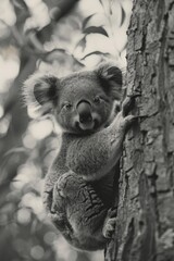 Koala Bear Climbing Eucalyptus Tree in Black and White. Australian Wildlife Photography