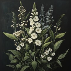 Naklejka premium A beautiful arrangement of diverse flowers with green leaves on a dark backdrop, showcasing nature's intricate details and elegance.