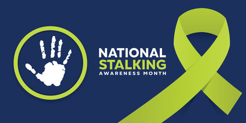 National Stalking Awareness Month. Hand and ribbon. Great for cards, banners, posters, social media and more. Dark blue background.