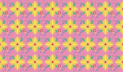 Seamless pattern abstract flowers yellow on pink background 