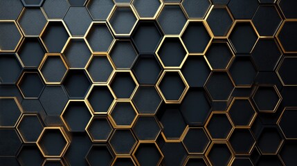 Hexagon grid with metallic gold outlines on a black background, creating a luxurious and elegant feel