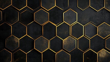 Hexagon grid with metallic gold outlines on a black background, creating a luxurious and elegant feel