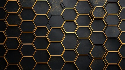 Hexagon grid with metallic gold outlines on a black background, creating a luxurious and elegant feel