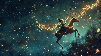 Christmas Elf Riding a Reindeer Through a Starry Night Sky, Holding a Garland of Twinkling Lights 