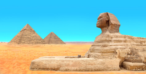 Famous Great Sphinx and pyramids of Chephren and Cheops, Cairo, Egypt. Great Pyramids, ancient...