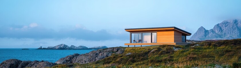 Fototapeta premium Renewable Energy Cells Powering an Off-Grid Coastal Shelter for Sustainable Living