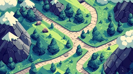 Obraz premium Pixelated Adventure Landscape with Winding Paths,Mountains,and Lush Forests