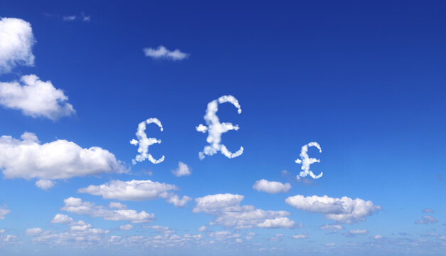 Money making. Great Britain pound sterling sign in the clouds. Cloud shaped as GBP currency symbol. British pound symbol made of cloud. Business, development and prosperity concept