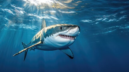 Fototapeta premium Great White Shark Swimming in Sunlit Ocean