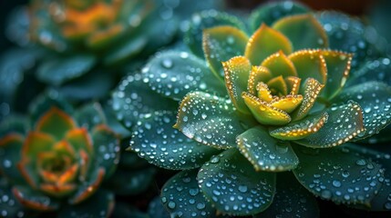 Close-up of a succulent plant with dew drops on its leaves. AI generative. .