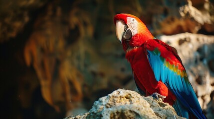 Obraz premium Macaw exploring a Caribbean cave, natural light creating dramatic shadows, vivid colors enhanced through post-processing and color grading, HD wildlife photography, 8K quality, with depth of field