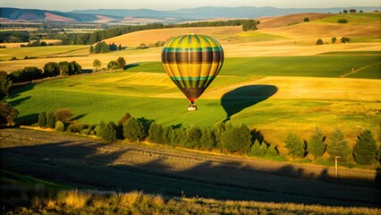 Naklejka premium Hot Air Balloon Soaring Over Rolling Hills and Fields at Sunset