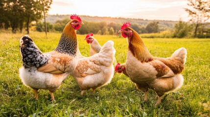 Fototapeta premium A Group of Chickens in a Lush Meadow at Sunset
