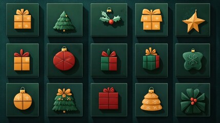Minimalist Christmas grid design on Dark Forest Green with icons in Emerald Green, Crimson Red, and Goldenrod, highlighted by Deep Blue shadows and Cool Gray emboss