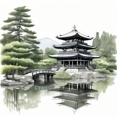 Naklejka premium the AI Image Generator, Japanese Temple Pencil Drawing