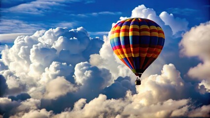 Naklejka premium A colorful hot air balloon soars through a fluffy white cloud field with a blue sky background.