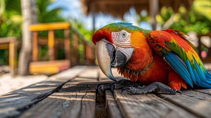 Macaw resting on a Caribbean boardwalk, natural light emphasizing vibrant colors, detailed post-processing and color grading, HD wildlife photography, 8K quality, with depth of field