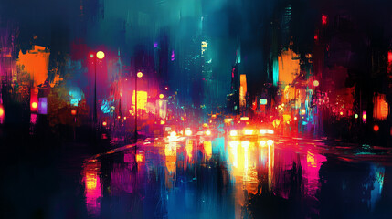 Obraz premium Abstract grunge background with colorful neon lights, brush-textured oil painting. Modern artwork for design covers and banners
