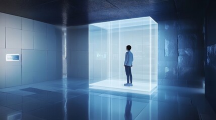 Futuristic technology room with transparent cube.