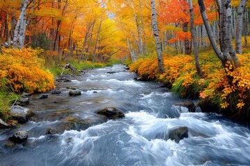 Stream of water flows through an autumn forest with birch trees and golden leaves. AI generative. .