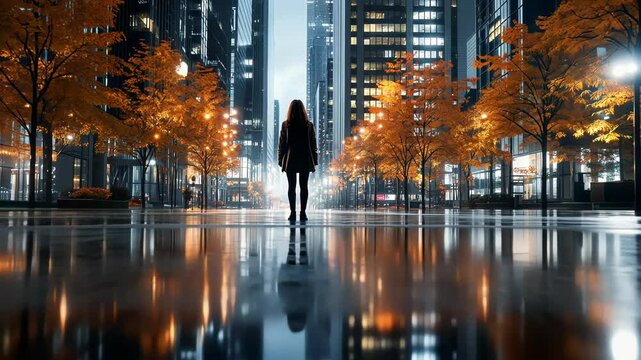 Solitary silhouette stands amid rain-slicked urban plaza. Golden autumn trees line path between modern skyscrapers. Night lights create perfect mirror reflection on wet surface. 