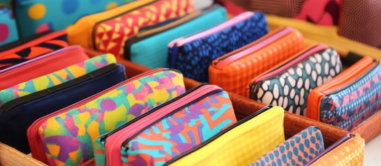 Vibrant pencil cases in various materials and designs, neatly displayed, 