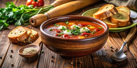 Food photography:  delicious Soljanka,  rustic bowl, artful AI generated image.