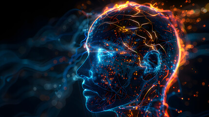 Side view of a humanoid head with blue and yellow eyes and vibrant neon neural network, representing futuristic technology and artificial intelligence