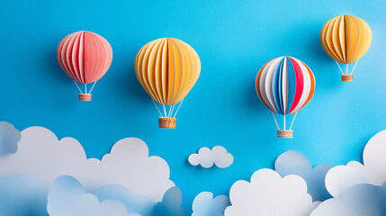 Colorful hot air balloons floating through a sky full of paper clouds, symbolizing adventure and dreams. 
