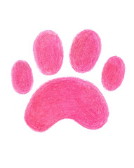 A pet's paw print. Pink color. Filled with the texture of colored pencils, chalk. Different shades of pink. Isolated on white background.