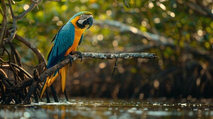 Obraz premium Macaw resting on a Caribbean mangrove, natural light creating a picturesque scene, vivid colors enhanced through post-processing and color grading, HD wildlife photography, 8K quality, with depth of