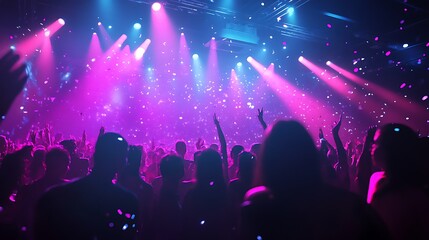 Nightlife vibes with crowd dancing beneath stunning colorful lights and confetti drops image