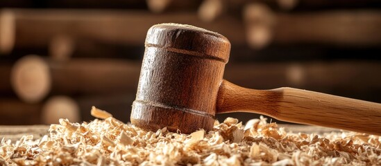 Rugged wood mallet with signs of wear, resting on a pile of wood shaving