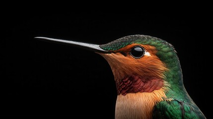 wildlife with a black background. A vibrant close-up of a hummingbird, showcasing its iridescent feathers and delicate features against a dark background.