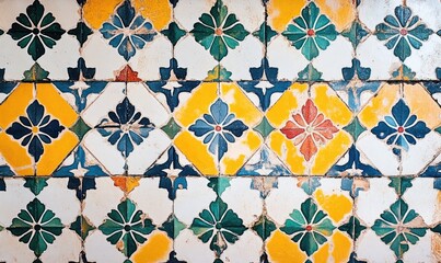 Fototapeta premium Vintage Tile Pattern with Floral Motifs in Yellow, Blue, and Green