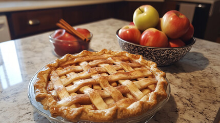 A close-up of a freshly baked apple pie with a lattice crust and a sprinkle of sugar on top, placed on a wooden table with apples and cinnamon sticks surrounding it.