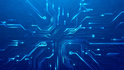 Futuristic vector illustration of a blue circuit board with intricate digital tech elements. Circuit board with glowing neon lines and geometric patterns. Perfect for advanced technology backgrounds