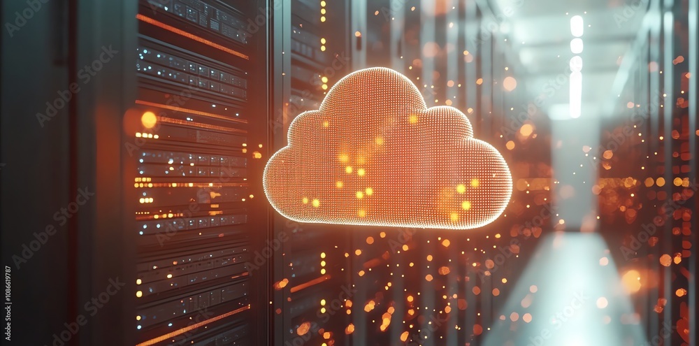 Poster Glowing cloud icon in front of a server rack.