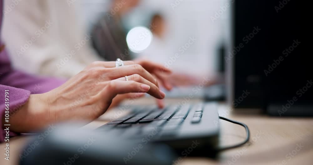 Poster typing, computer and hands of business woman on keyboard for online project, website and research. c