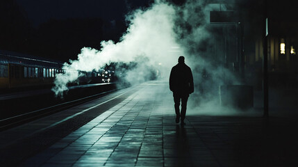 Dark Silhouette of a Person Walking Along a Deserted Train Platform, Smoke from a Train Engine Filling the Air, Enhancing the Mystery 