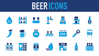 Beer set of blue icon. Zero Percent, Menu, Factory, Shelves, Drinks, Tap, Waitress, Alcoholic Drink, Beer Bottle, Mug, Honey Jar, Conveyor Belt, Opener, Tank, Bar Counter, Can vector.	
