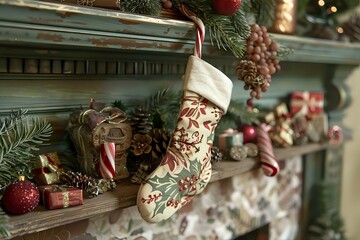 Fototapeta premium Christmas Stocking, Festive Fireplace Decor, Holiday Decorations, Gifts, Ornaments, Candy Canes