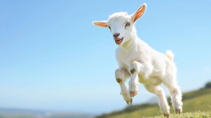 Joyful Baby Goat Leaping on Green Hillside - Wholesome Animal Moment Under Blue Sky