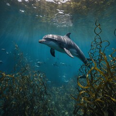 Fototapeta premium A dolphin swimming peacefully through a kelp forest.