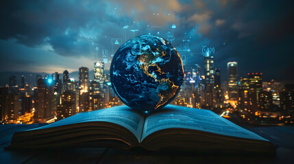 Night beautiful scene of modern city skyline pop up in the open book pages with Global world telecommunication network connected around planet Earth